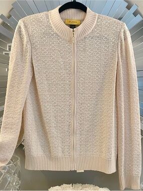 St. John Cream Textured Zip-Front Cardigan